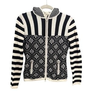 Neve Black White Striped Snowflake Zip Up Hoodie Sweater Jacket Size S